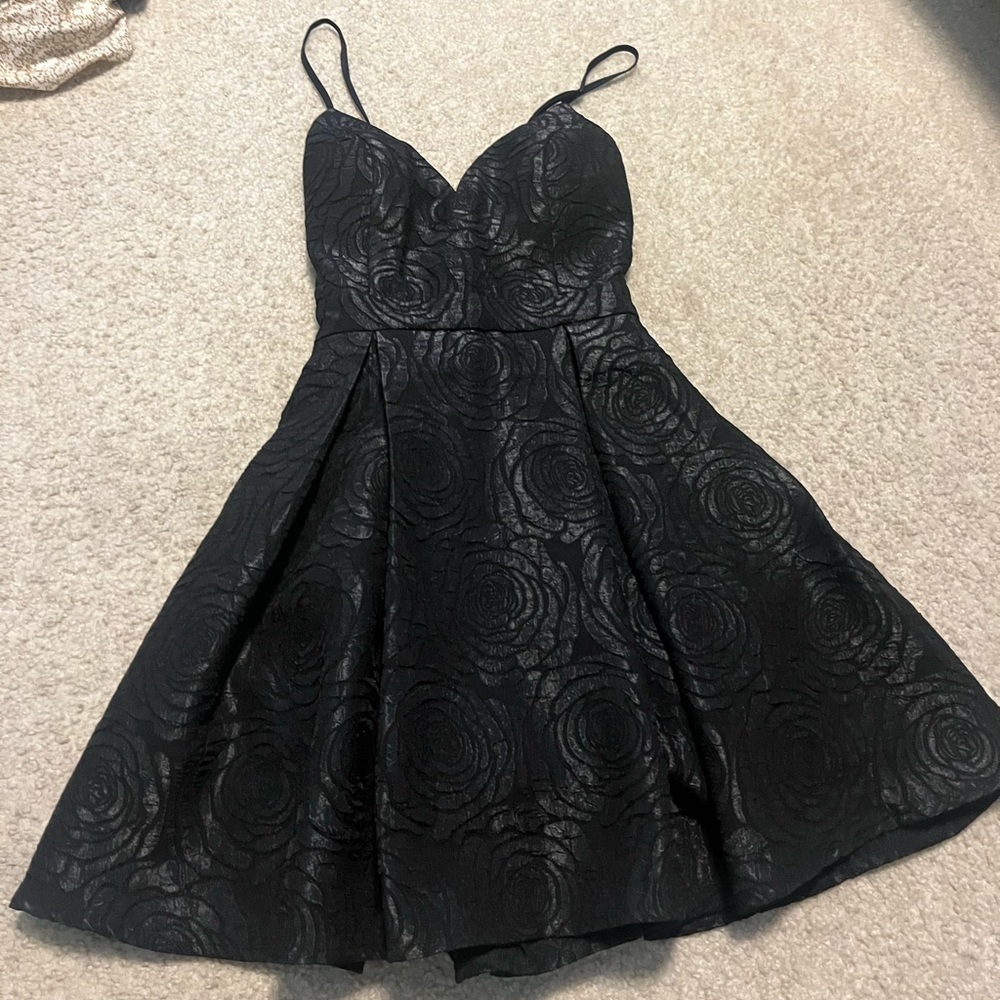 Lulu's Black Textured Rose Fit-and-Flare Dress